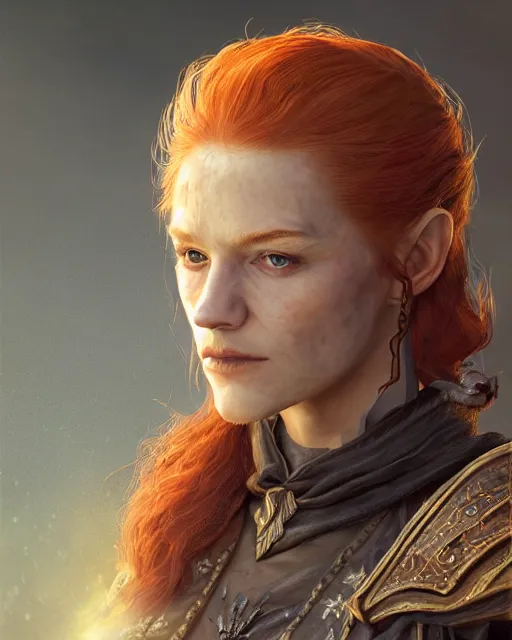 Image similar to the elder scrolls vi, charismatic rugged female redhead breton mage portrait, illustration, rim light, top light, perfectly shaded, golden hour, epic, intricate, soft painting, by leesha hannigan, ross tran, thierry doizon, kai carpenter, ignacio fernandez rios