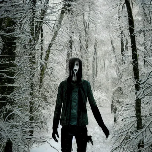 Image similar to blood soaked skinwalker, lanky, skinny, pale skin, snow, forest, dark, horrifying