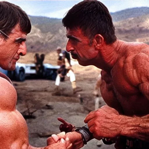 Prompt: sean connery arm wrestling rambo