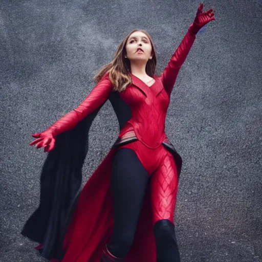 Prompt: full body photography of elizabeth olsen as the scarlet witch [ wearing a black emo suit ]!! [ floating in the sky, emanating black magic from her hands ]!!, 4 k photorealism, 4 k quality, trending on unsplash