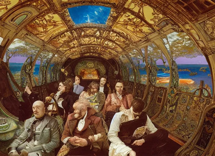 Image similar to incredibly beautiful breaktakingly detailed painting of the inside of the ornate underwater train to atlantis, various amazingly wonderful bizarre cool weird characters sat down, by ford maddox brown and william powell frith and frederic leighton, ultra wide angle, 4 k