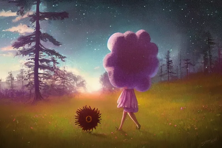 Image similar to giant daisy flower on the head, girl walking in forest, surreal photography, dark night, stars, moon light, impressionist painting, clouds, digital painting, artstation, simon stalenhag