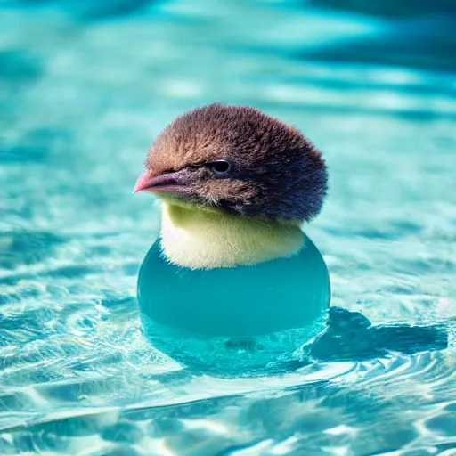 Prompt: !dream a fat kiwi bird with a wooly hat sitting in a cyan bottle cap in a pool, 35mm photograph