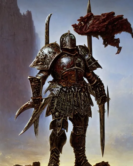 Image similar to a heavily armoured warhammer chaos warrior, by Thomas Cole and Wayne Barlowe