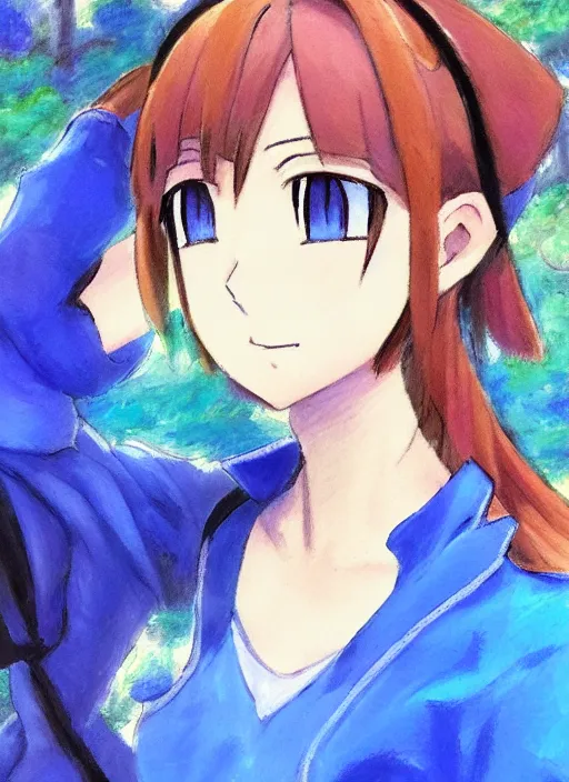 Image similar to a portrait of a female pokemon trainer, blue outfit, very anime in impressionist style, trending artwork, anime painter studio, by claude monet