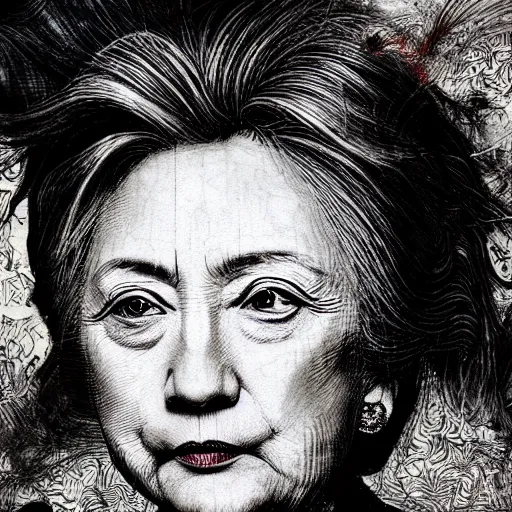 Prompt: Yoshitaka Amano realistic illustration of hillary clinton ,hair fluttering in the wind, cracks on her face wearing Elden ring armour with engraving, abstract black and white patterns on the background, noisy film grain effect, highly detailed, Renaissance oil painting, weird portrait angle, blurred lost edges, three quarter view