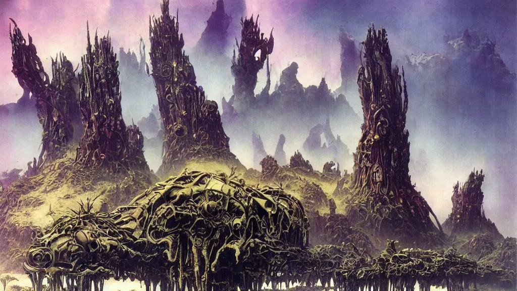 Image similar to surreal eerie alien planet empire with strange biomechanical plants by frank frazetta and bruce pennington, cinematic matte painting