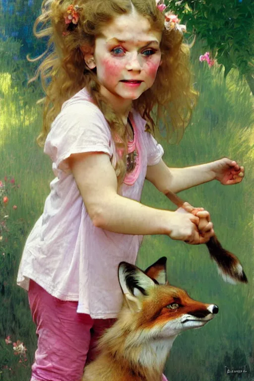 Image similar to a seven - year old girl with long curly dirty blonde hair, blue eyes, tan skin, a pink tee shirt, shorts, playing with a fox, painting by daniel gerhartz, alphonse mucha, bouguereau, detailed art, artstation, realistic fox