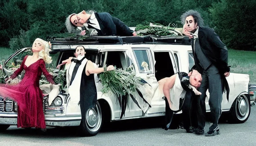 Prompt: Tim Burton movie about an evil hearse attacking people at a wedding