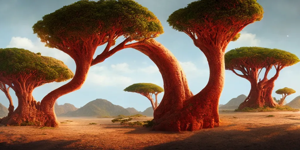 Prompt: socotra island with dragon trees, sharp focus, wide shot, trending on ArtStation, masterpiece, by Greg Rutkowski, by Ross Tran, by Fenghua Zhong, octane, soft render, ultrarealistic, colorful, cinematic, horizon forbidden west