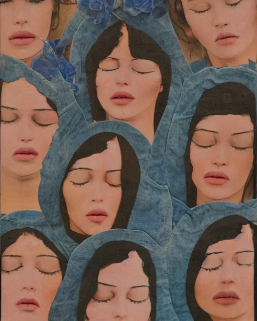 Prompt: different women's faces, cut and paste collage, mutated flowers, soft coloring, 1 9 7 0 s, denim, water stains, serene emotions, lingering glances