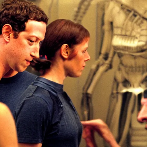 Image similar to mark zuckerberg inspecting the failed ripley clones experiments of himself from the movie Alien Resurrection.