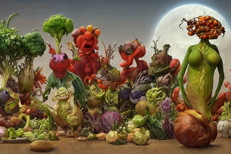 Image similar to vegetable creatures parade on a cutting board in the kitchen, digital art, realistic, pixar style, highly detailed, cinematic, matte painting, vivid colors, realistic, epic lighting, by greg rutkowski and artgerm and alphonse mucha