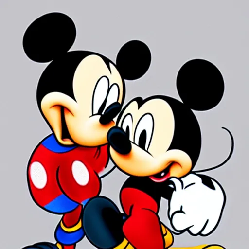 Prompt: Lebron James Kissing Mickey Mouse, digital art