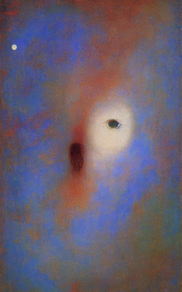 Prompt: iridescent spirit of wrath and fear cruel beautiful spirit with golden eyes lunar mythos ambient fog, award winning oil painting by Odilon Redon, lunar color palette