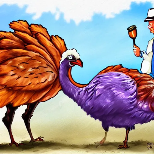 Prompt: two turkey's in africa fighting over water bottle, cartoon art, detailed, colorful, digital painting,