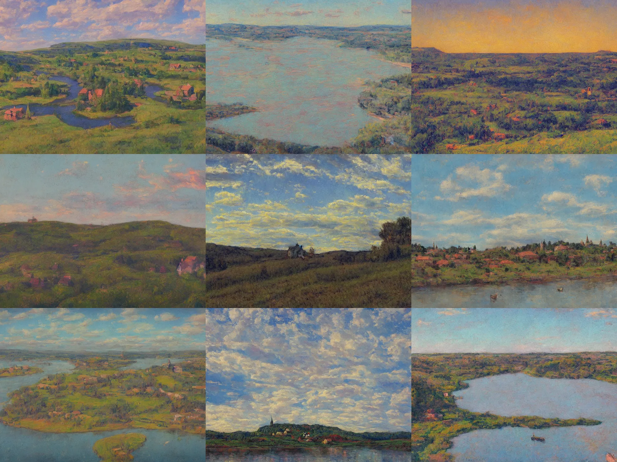 Prompt: nissky painter, tibor nagy, academic russian painting, wide river and tiny house on the top of the hill, epic wide sky and horzon, pastel colors, ultra view angle view, 'Nad vechnim pokoem' painting in the style of isaac levitan and georgy nissky, T Allen Lawson and Ian Fisher