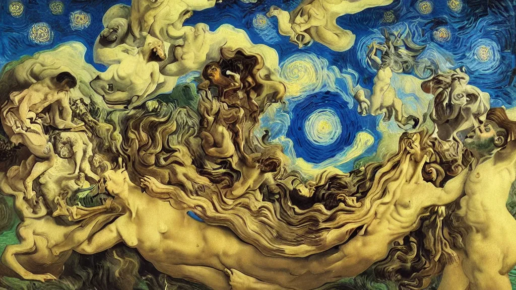 Image similar to divine moment , 4K, Rococo & Precisionism, colorized, by collaboration of Salvador Dali, Van Gogh and M. C. Escher