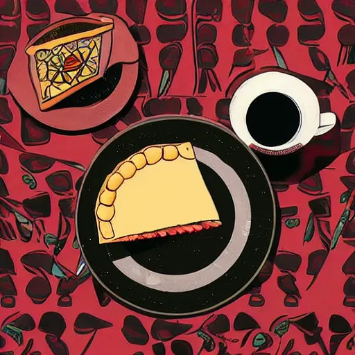 Prompt: detailed artstation style, symbolic style, surrealist style, a black coffee and a cherry pie on a table in a twin peaks cafe