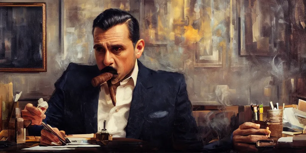 Image similar to abstract oil matte portrait painting, mafia boss smoking a cigar at his 5 0 s new york office desk, wonderful masterpiece highly detailed, beautiful cinematic light deep focus, elegant, digital painting, smooth, sharp focus, golden ratio, dramatic illumination, ultra realistic, 8 k, art by jimmy law