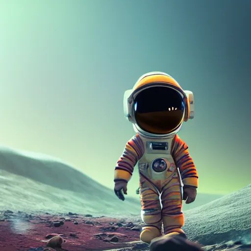 Image similar to tiny astronaut playing video game on mars, time machine, ice, bioluminescence, vegetation, colorful, rim light, highly detailed, tilt shift, digital painting, concept art, smooth, sharp focus, pleasing aesthetics, 3 d render, octane render, disney pixar, 4 k