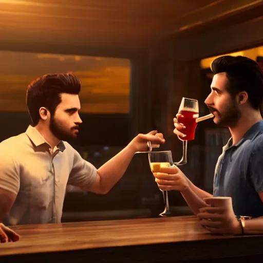 Image similar to cinematic scene with attractive male and another attractive male, drinking their hearts out, in the pub, high definition, very detailed, volumetric lighting, still frame
