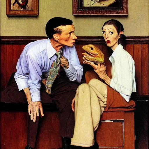 Prompt: a thin man is pained by the admission his wife once ate a live toad in god knows what circumstances, painted by norman rockwell and tom lovell and frank schoonover