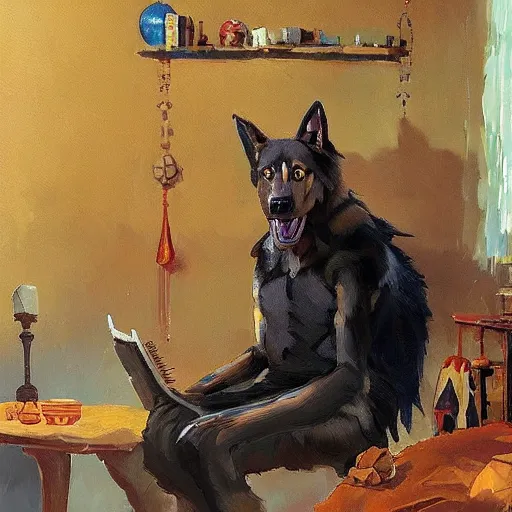 Image similar to a humanoid german shepherd beast - man, sitting and watching a soccer match in his house on television, he has hurt his knee and is a dad, by erin hanson, alexi zaitsev, karl spitzweg, award winning, tv set