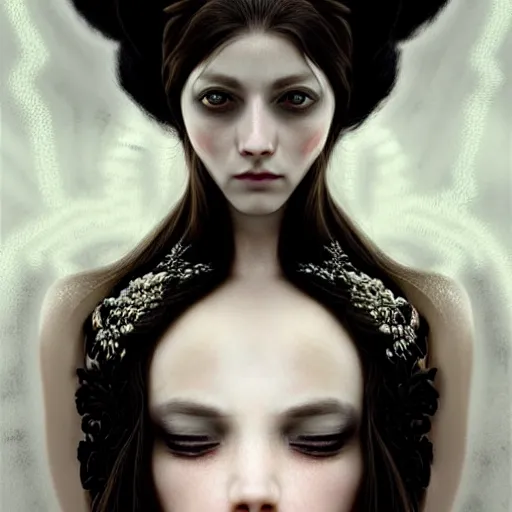 Image similar to symmetrical portrait of a beautiful dead princess female 4K symmetrical portrait, magical,fantasy , final fantasy, whole body, hyperrealism, cyberpunk, concept art, realistic, highly detailed, Featured on Artstation, cgsociety, Behance, Tom Bagshaw, Ross Tran, Japan Taiwan ,Soft lighting, attractive, highly detailed. intricate details. trending on artbreeder | zdzislaw beksinski. dariusz zawadzki. Michael Hutter. Peter Mohrbacher. Alfons Mucha. artstation