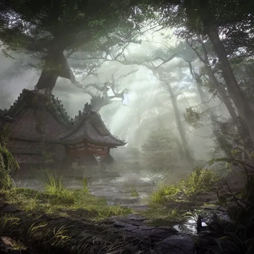 Image similar to a mirrored portrait of a legendary samurai in a mystical overgrown haunted ancient crypt with a gateway to hell in a beautiful forest rays of light 4k digital art unreal engine trending on artstation