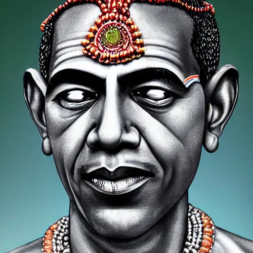 Prompt: Fantasy portrait of Barak Obama as a Kathakali dancer, hyper-realistic Portrait in style of Hajime sorayama, hyperdetailed , supersharp, hypermaximalist, smooth gradients