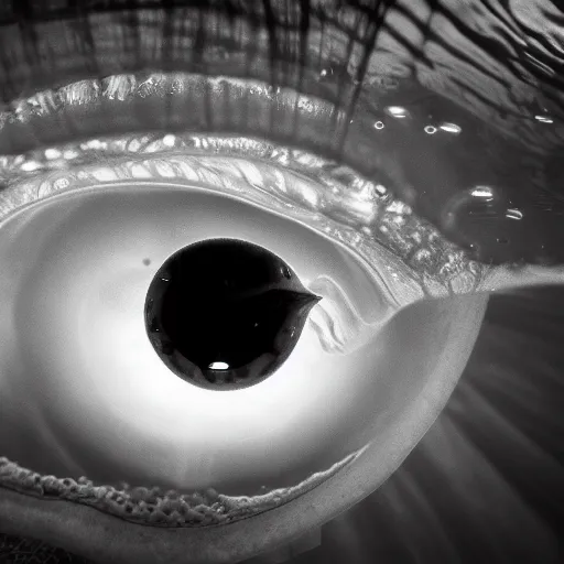 Prompt: eyeball underwater, award winning cyan and white photography, high contrast, high definition