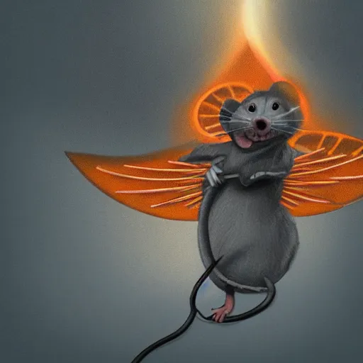 Image similar to a mouse wearing clockwork wings flying through thick orange clouds, sci-fi illustration