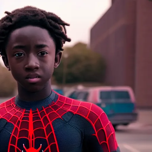 Image similar to Caleb McLaughlin as miles morales spiderman, 8k, super realistic, cinematic cinematography, marvel movie,