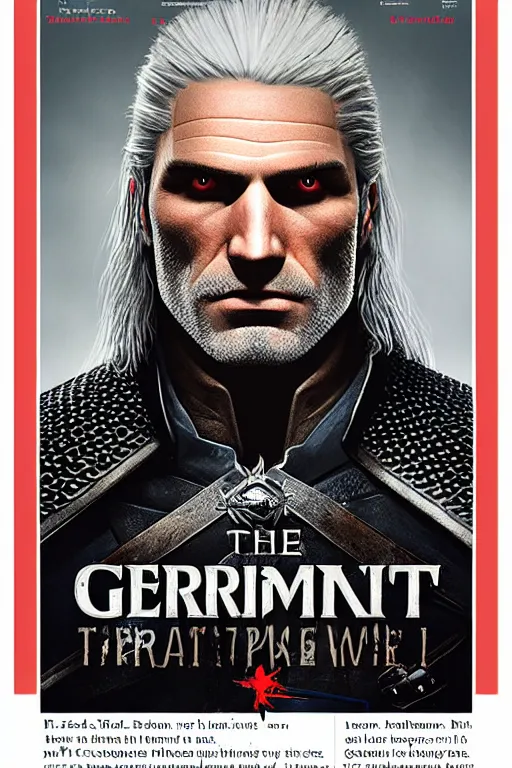 Image similar to portrait of geralt of rivia, 5 5 mm lens, professional photograph, times magazine, serious, stern look, zoomed out