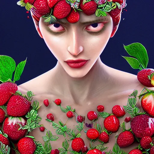 Image similar to the portrait of an absurdly beautiful, graceful, elegant, sophisticated, fashionable woman made of strawberries and green petals looking up, an ultrafine hyperdetailed illustration by kim jung gi, irakli nadar, intricate linework, bright colors, octopath traveler, final fantasy, unreal engine 5 highly rendered, global illumination, radiant light, detailed and intricate environment