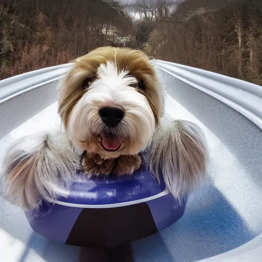 Prompt: a cream-colored havanese dog in a bobsled, gopro photo, 4k