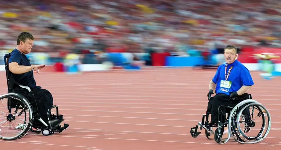 Image similar to man on a wheelchair competing in the 1 0 0 meter dash