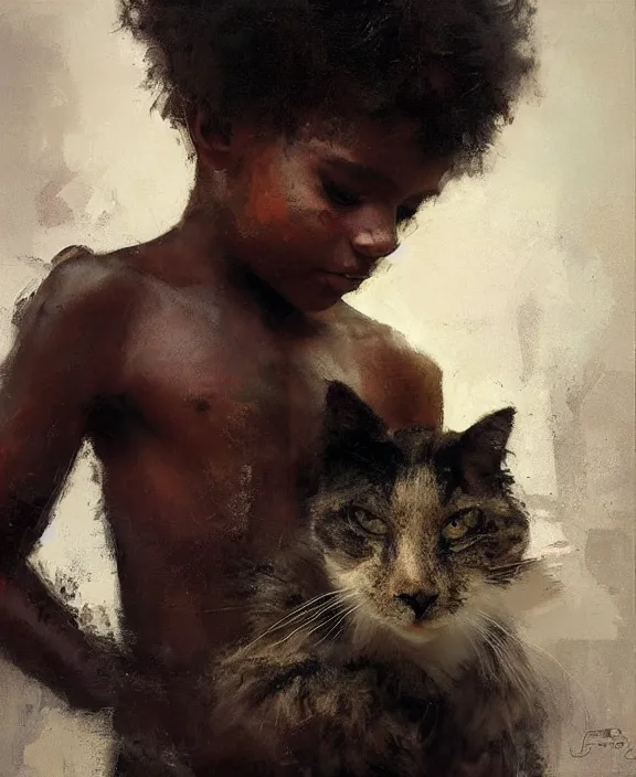 Prompt: brazilian afro boy holding a cat by jeremy mann