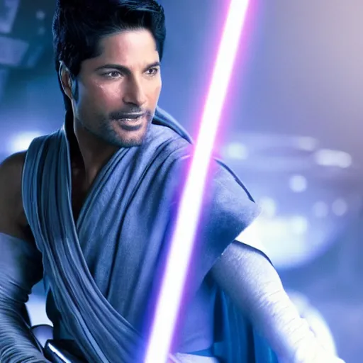 Image similar to Chayanne the singer as a jedi in star wars, holding a lightsabre. splash art, cinematic lighting, dramatic, octane render, long lens, shallow depth of field, bokeh, anamorphic lens flare, 8k, hyper detailed, 35mm film grain