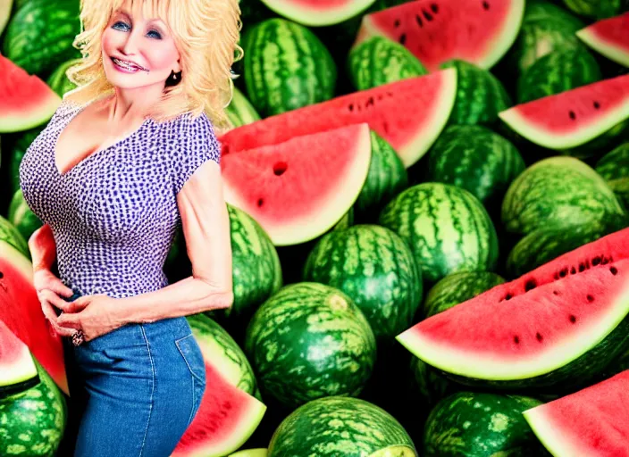 Image similar to studio portrait photo still of 2 0 year old dolly parton!!!!!!!! at age 2 0 2 0 years old 2 0 years of age!!!!!!! surrounded by watermelons, 8 k, 8 5 mm f 1. 8, studio lighting, rim light, right side key light