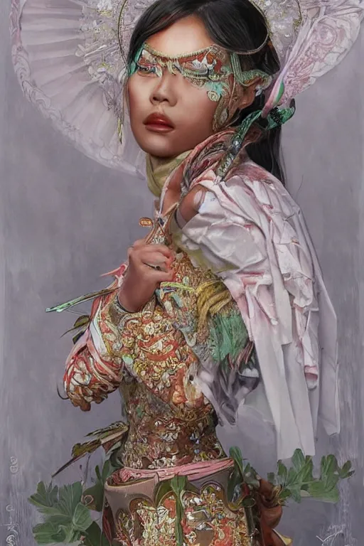 Image similar to portrait of an indonesian supermodels wearing traditional costume,!!!! very coherent!!!! highly detailed, digital painting, artstation, concept art, sharp focus, illustration, art by kittichai rueangchaichan and james gurney and alphonse mucha