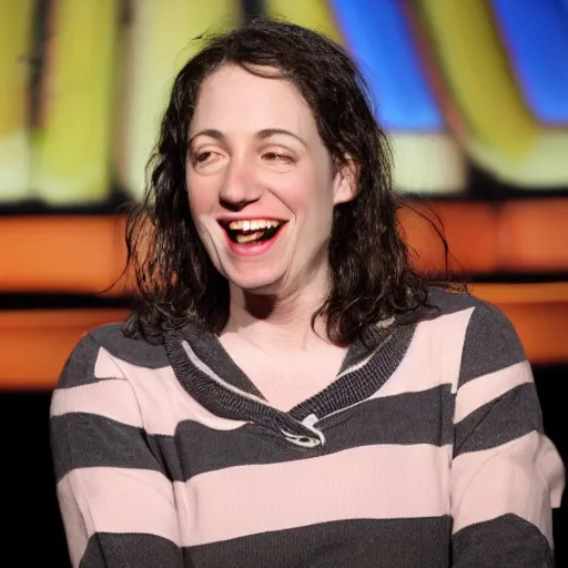 Prompt: 3 8 - year - old, short height, standup comedian, skateboarder style, pale complexion, female, irish and italian! and jewish descent, thin, on stage, laughing, telling jokes