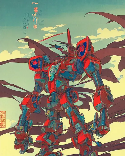 Image similar to japanese folk painting of mecha, detailed, cel shaded, by makoto shinkai and moebius and anton fadeev and james gurney,