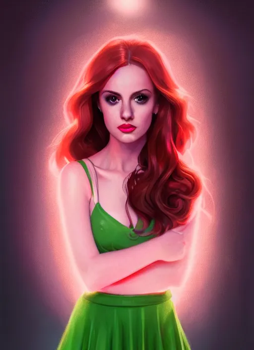 Image similar to full body portrait of teenage cheryl blossom, bangs, green eyes, sultry expression, red hair, sultry smirk, bangs and wavy hair, pink skirt, intricate, elegant, glowing lights, highly detailed, digital painting, artstation, concept art, smooth, sharp focus, illustration, art by wlop, mars ravelo and greg rutkowski