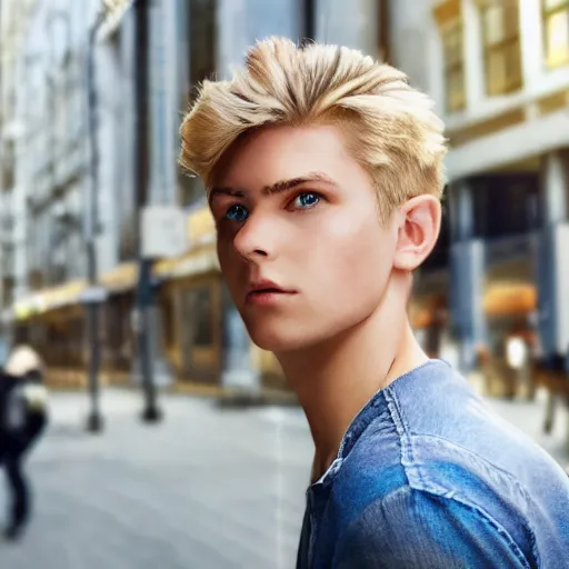 Prompt: a beautiful young man, blond, medium hair, blue eyes, in the middle of the city, hyper realistic