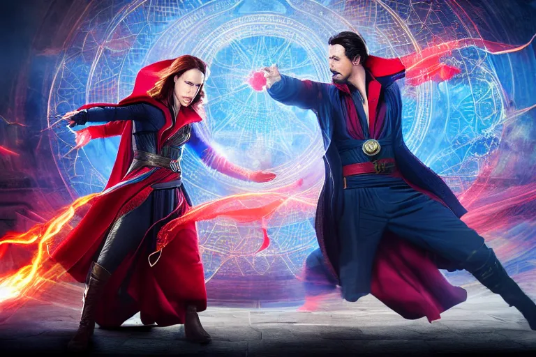 Prompt: Action sequence still of Doctor Strange and Scarlet Witch on the battlefield, fighting, Trending on artstation, photorealistic image, photorealistic imagery, 4k, 8k, movie still, action still