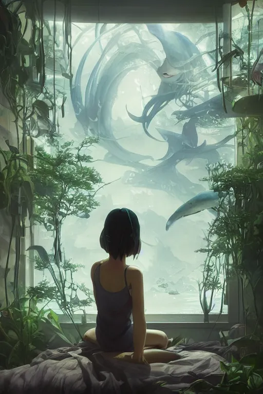Prompt: beautiful scene render of a person watching in the aquarium, dimly lit bedroom, green plants, perfectly shaded, atmospheric lighting, style of makoto shinkai and peter mohrbacher, studio ghibli. artgerm, karol bak, beeple, animation style, 8 k hd, ultra wide angle, hyper detailed