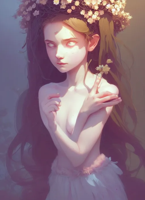 Image similar to portrait of cute nymph girl with crown of flowers, fantasy, by atey ghailan, by greg rutkowski, by greg tocchini, by james gilleard, by joe gb fenton, by in kaethe butcher, dynamic lighting, gradient light blue, brown, blonde cream and white color in scheme, grunge aesthetic