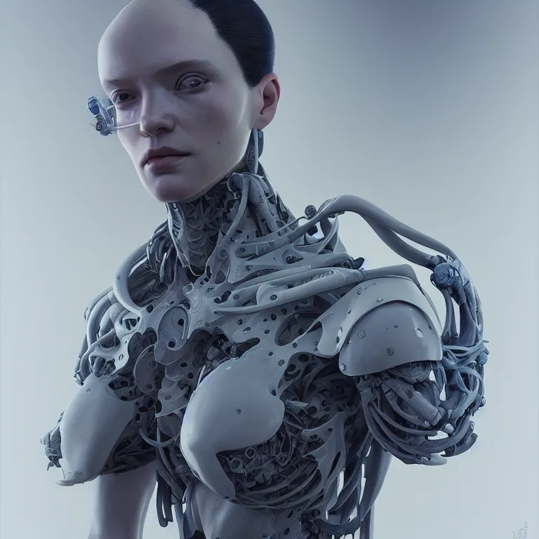 Prompt: 2 0 7 7 prototype exoskeleton portrait with ribbed jshzh face by rutkowsky and charles vess and james jean and erik jones and rhads, inspired by ghost in the shell, 3 d octane render, beautiful fine face features, intricate high details, sharp, ultradetailed, artistic photography